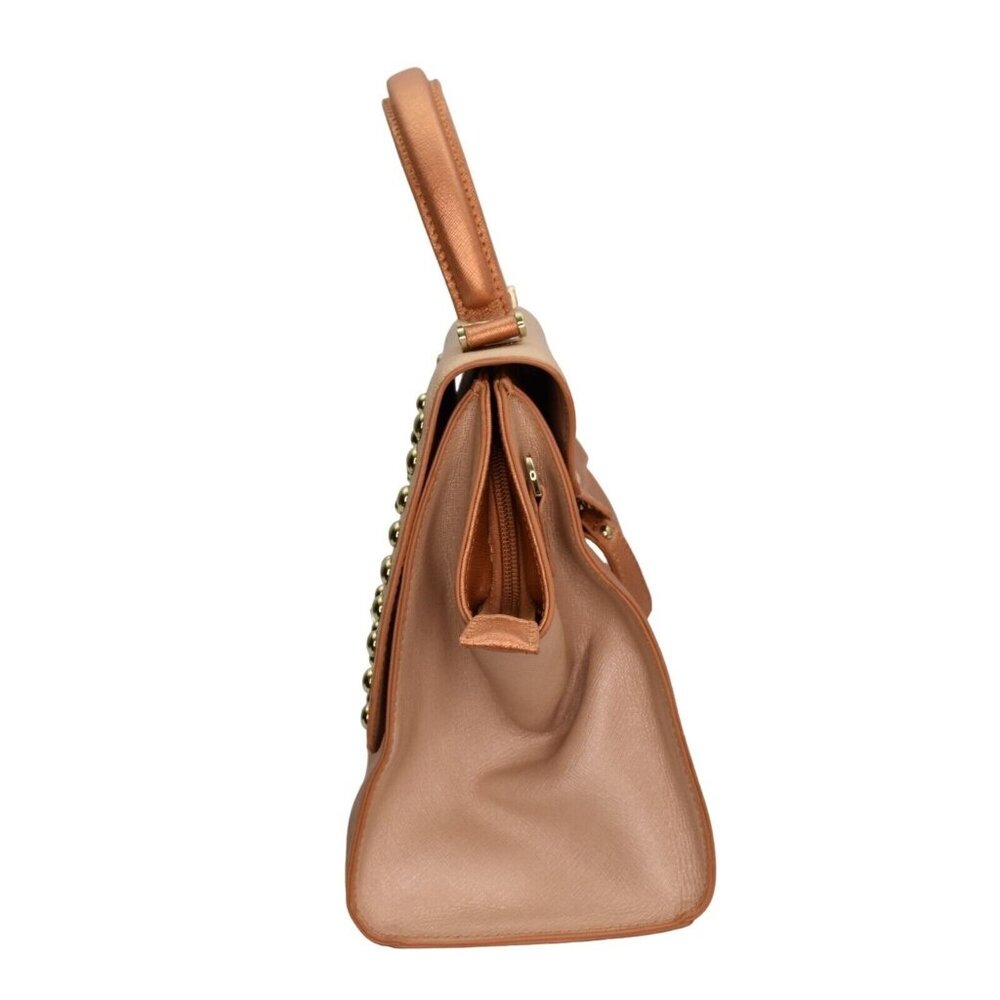 Sharif Handbag Satchel Peach Beige Leather Gold Studded Trapezoid Top Handle Bag - Picture 4 of 12